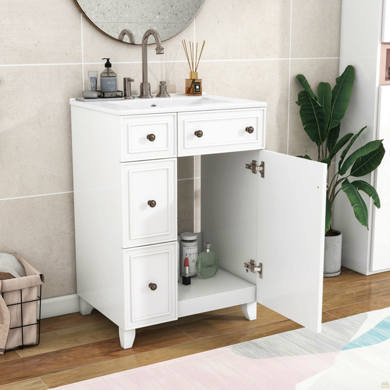 Armoire de meuble-lavabo 24 po avec lavabo en céramique, 2 tiroirs, 1 porte, White