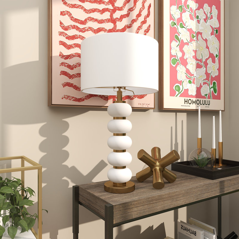 Metal Orbs Style Base Table Lamp with Drum Shade, Gold