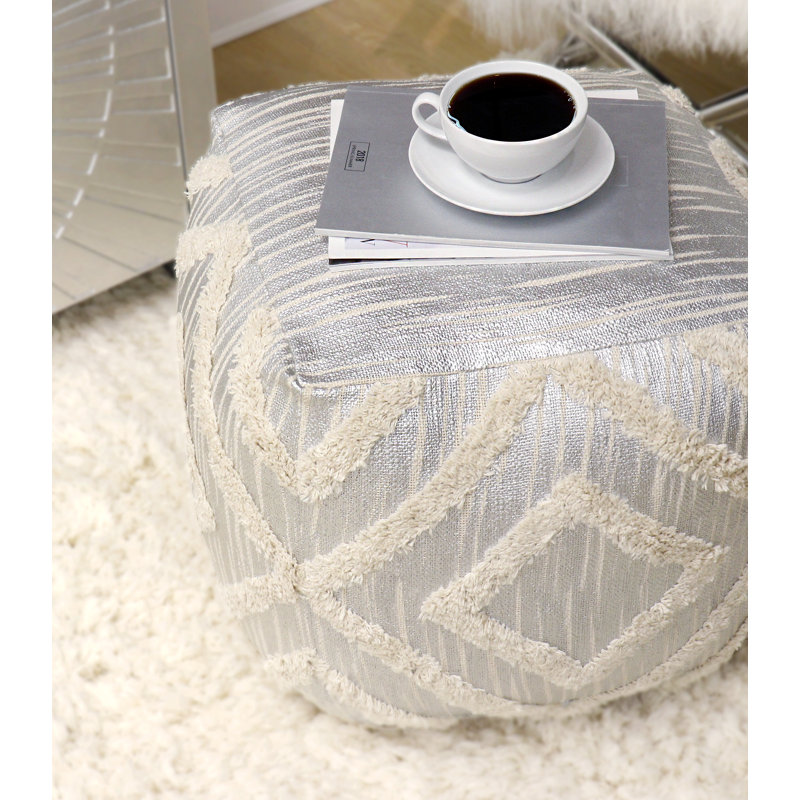 Grandcanyon Cotton Shaggy Pouf, Ivory/Silver, Silver/Ivory