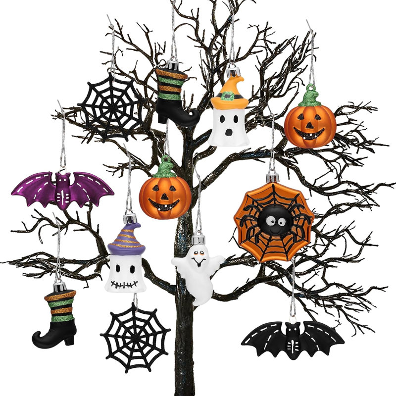  Décorations d'Halloween d'intérieur pour mini arbre, ensemble de 20 boules suspendues incassables et variées avec chauve-souris araignée fantôme citrouille-lanterne pour les fêtes