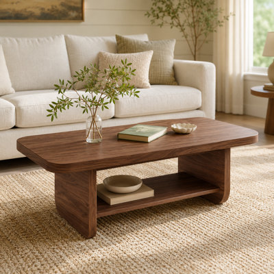 47.2 Inch Fan Shaped Coffee Table with Lower Storage Shelf, Walnut Wood Grain Finish, Modern Mid Century Center Table for Living Room, Farmhouse Accent Furniture