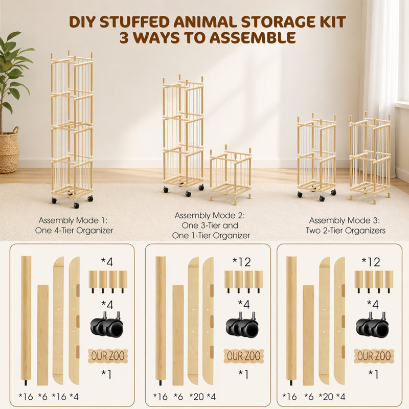Organisateur de rangement pour animaux en peluche BrooveWave, porte-jouets en peluche en bois avec corde élastique, rangement pour jouets de grande capacité pour chambre d'enfant