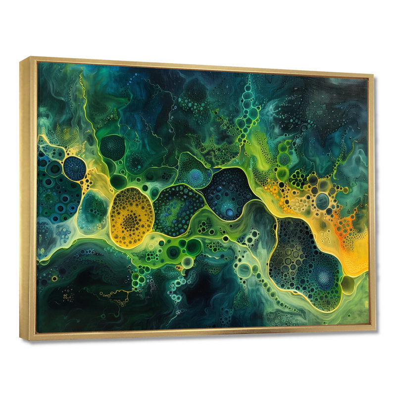 Jaune jaune vert cosmique nourrissant liquide Art II - impression murale abstraite, Cadre flottant doré, H 12 po x l 20 po