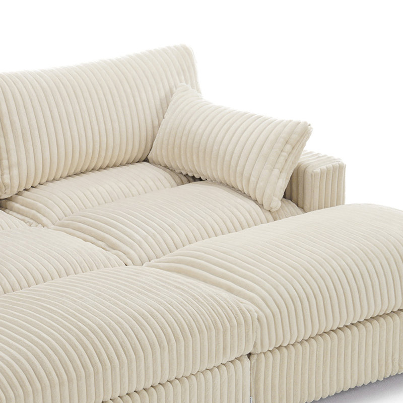 4 - Piece Upholstered White Faux Rabbit Fur Flannel Reversible Modular Sofa Living Room Sectional Couch with Ottoman, White