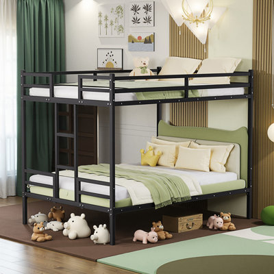 Queen Bunk Bed, Metal Bed Frame With Full-Length Guardrail And Ladder