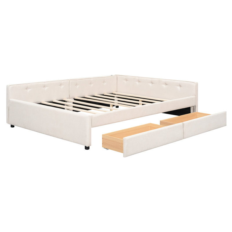 Grand lit plateforme beige avec 2 boîtes à tiroirs et poignées fonctionnelles, tapissier, Grand lit