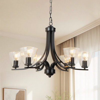 Vintage Black 6-Light Chandelier with Clear Glass Bowl Shades – Adjustable Pendant Lighting for Dining Room, Kitchen & Living Room