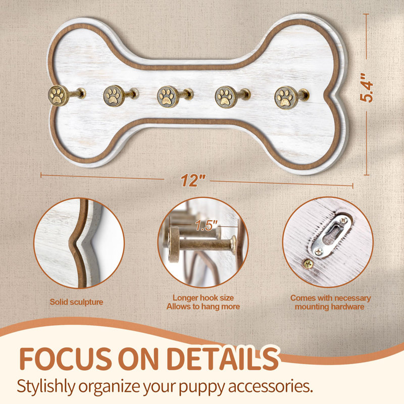 Porte-laisse rustique pour chien - Support mural avec crochets à clés décoratifs en forme d'os pour vestibule - Rangement pour accessoires pour animaux de compagnie (blanc vieilli)