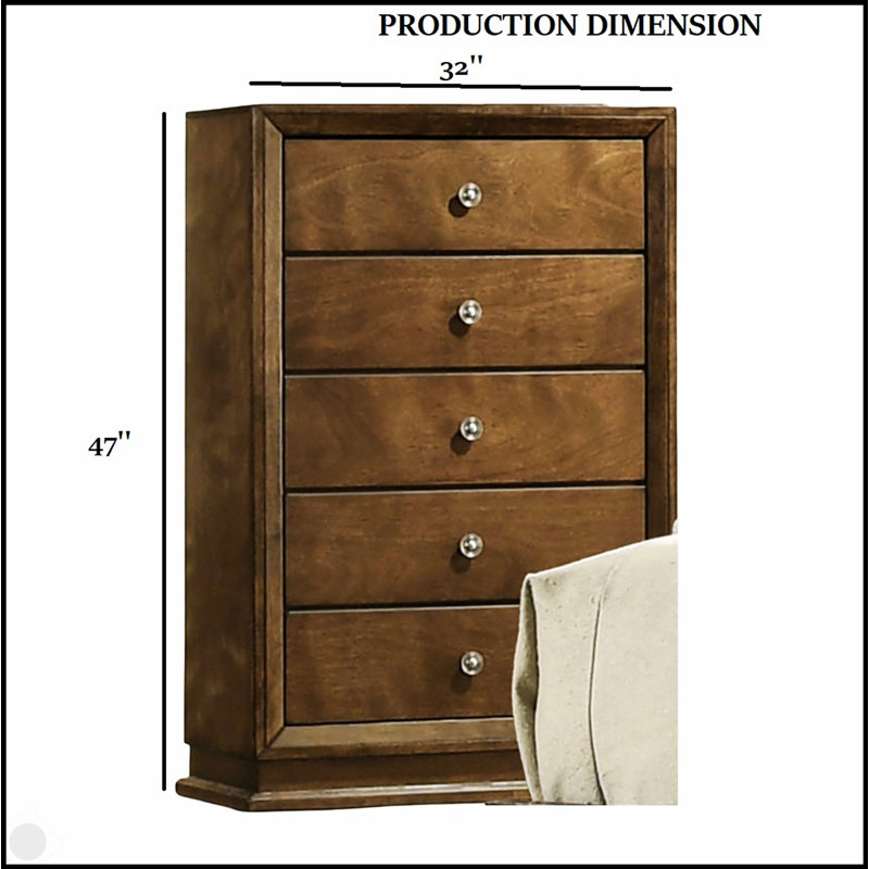 Commode 1 pièce de style transitionnel avec 5 tiroirs à queue d'aronde anglaise, boutons en métal et finition noyer pour un rangement élégant