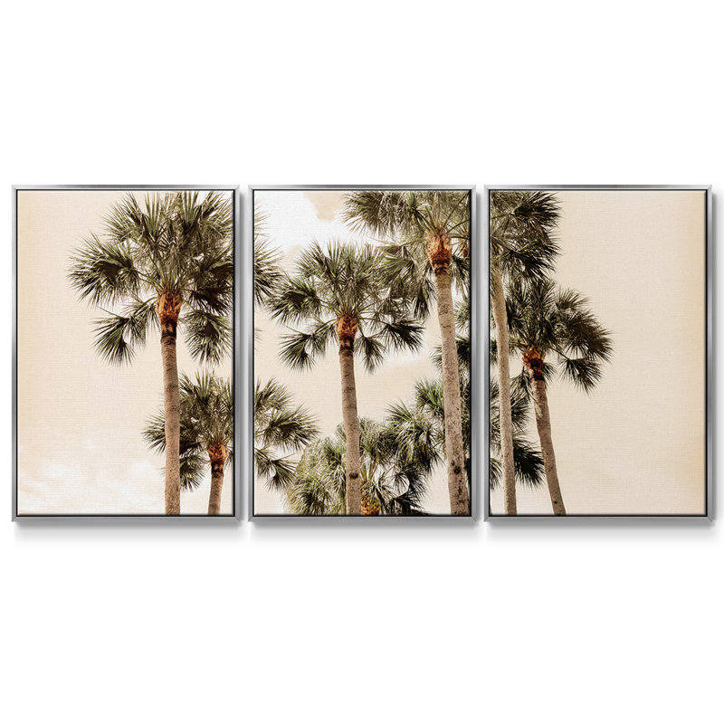 «Blush Palms», reproduction sur toile 3 pièces, H 36 po x l 75 po x P 2 po, Argenté