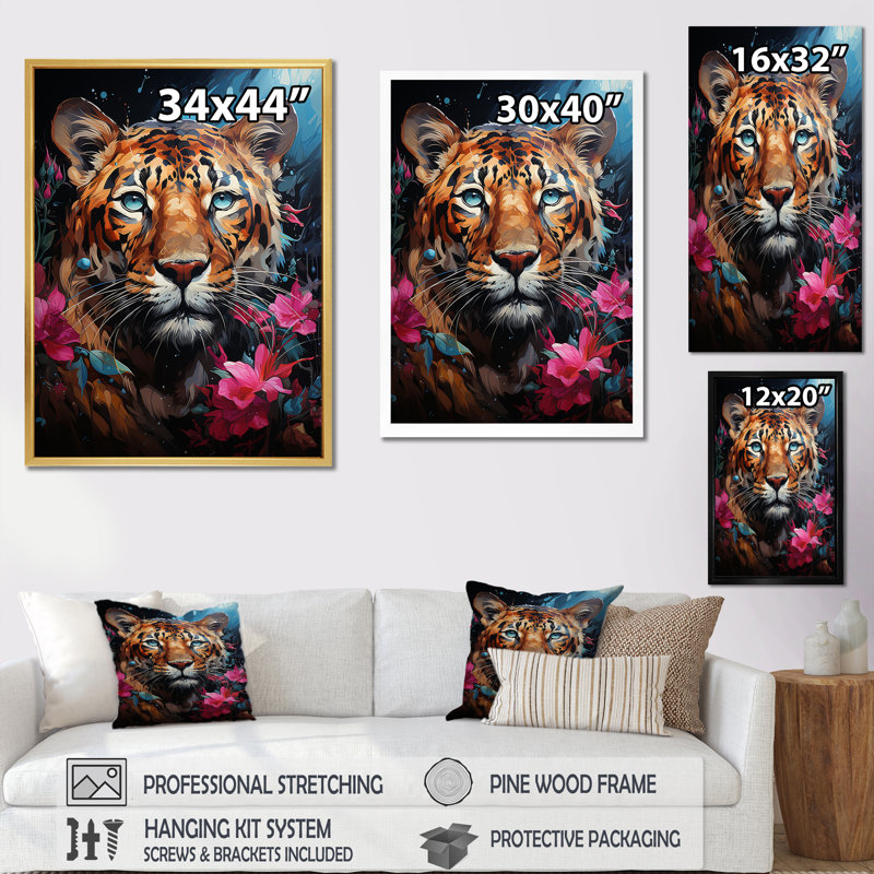 Portrait pop art d'un jaguar, H 40 po x l 30 po x P 1,5 po, Cadre flottant noir