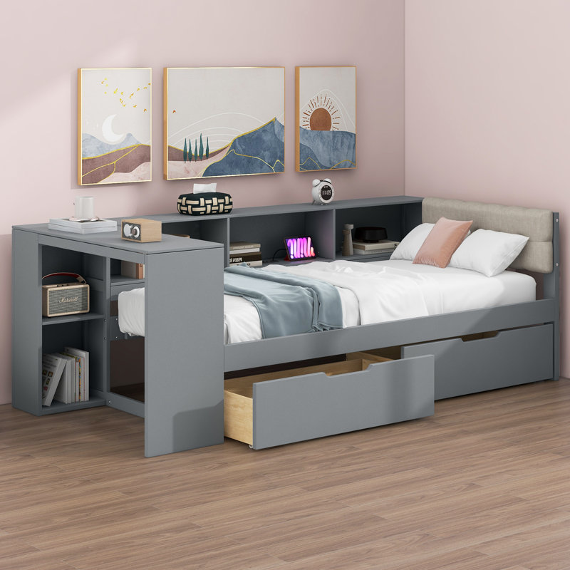 Lit de jour avec rangement et station de charge, Simple, Gris