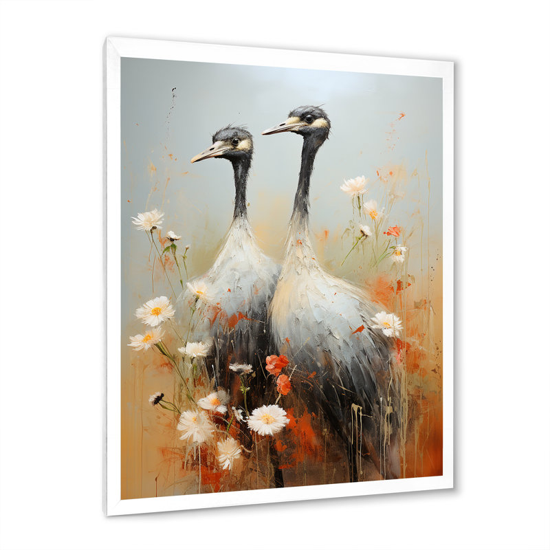 Couple d'autruches avec ombres gracieuses, Cadre simple blanc, H 32 po x l 24 po x P 1 po