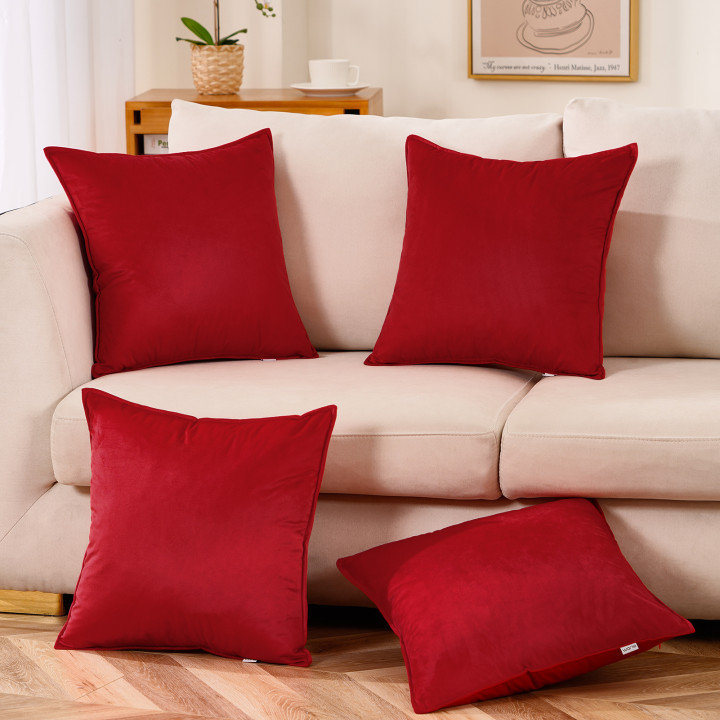 Set Of 4 Throw Velvet Cushion Covers, Wine Red, 16"H x 16"W