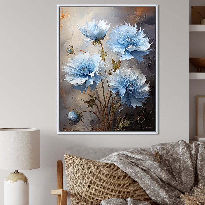 " Cornflowers Blue Tones Expression III ", White Floater Framed, 32" H x 16" W x 1" D