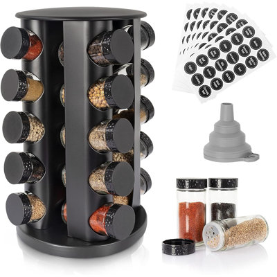 Étagère à épices tournante noire sur comptoir, étagère à épices rotative ronde et vide 20 pots, 135 étiquettes à épices