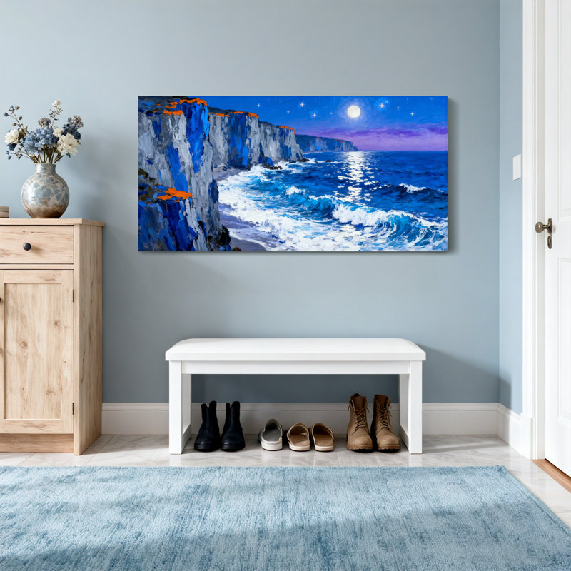 Paysage et nature au clair de lune, falaises, vagues de l'océan, ciel nocturne, étoiles, côte, H 28 po x l 58 po