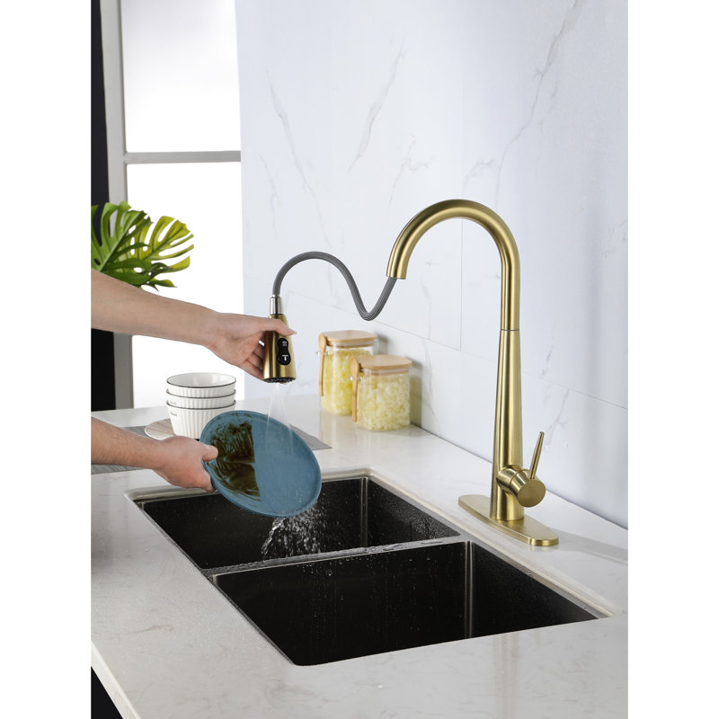 Brushed Gold Stainless Steel Single Handle Kitchen Sink Faucet With Pull Down - 360 Rotating High Arc Nozzle, Three Water Output Forms, Easy Flow Regulation, Corrosion Surface Treatment Of