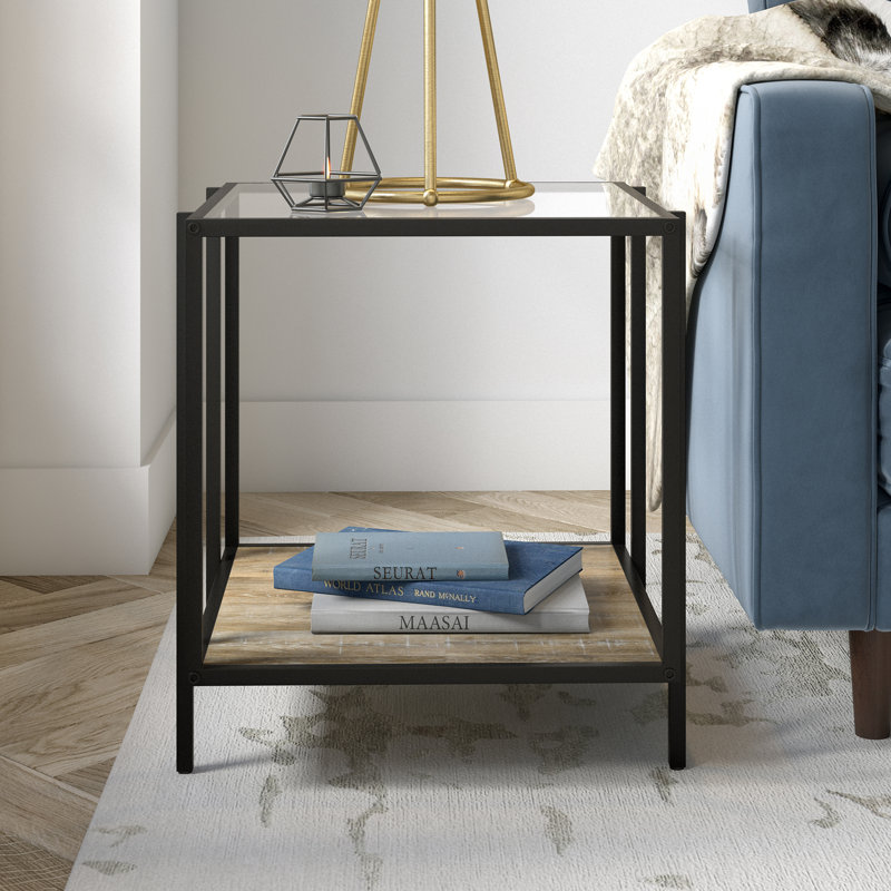 Vireo Glass Top End Table, Blackened Bronze/Limed Oak