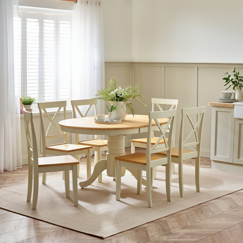 Prestow Round Extending Dining Table & Shannondale Chairs - Rustic Farmhouse Kitchen, Oak/Cream, 6