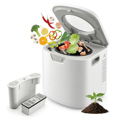 NutriChef 4 Quart Electric Kitchen Composter | Smart Countertop Composter Includes 2 Odorless Carbon Filters | Electric Compost Bin for Indoor Use | 3 Volume Based Modes Small, Medium & Large | White