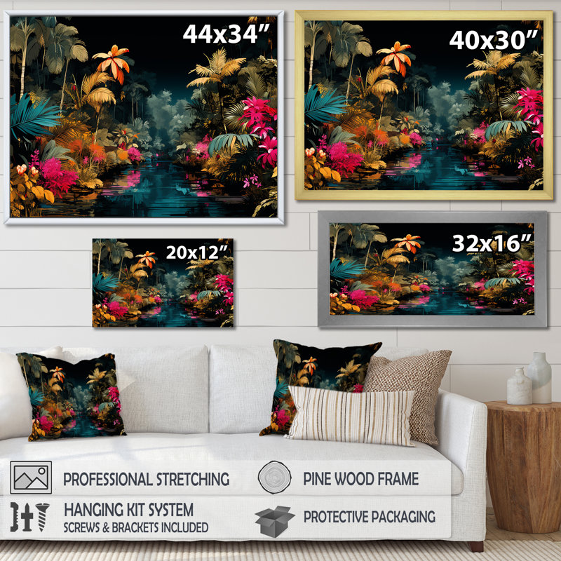 Fleurs roses et bleues de la jungle tropicale - Art mural jungle, Cadre flottant noir, H 16 po x l 32 po x P 1 po