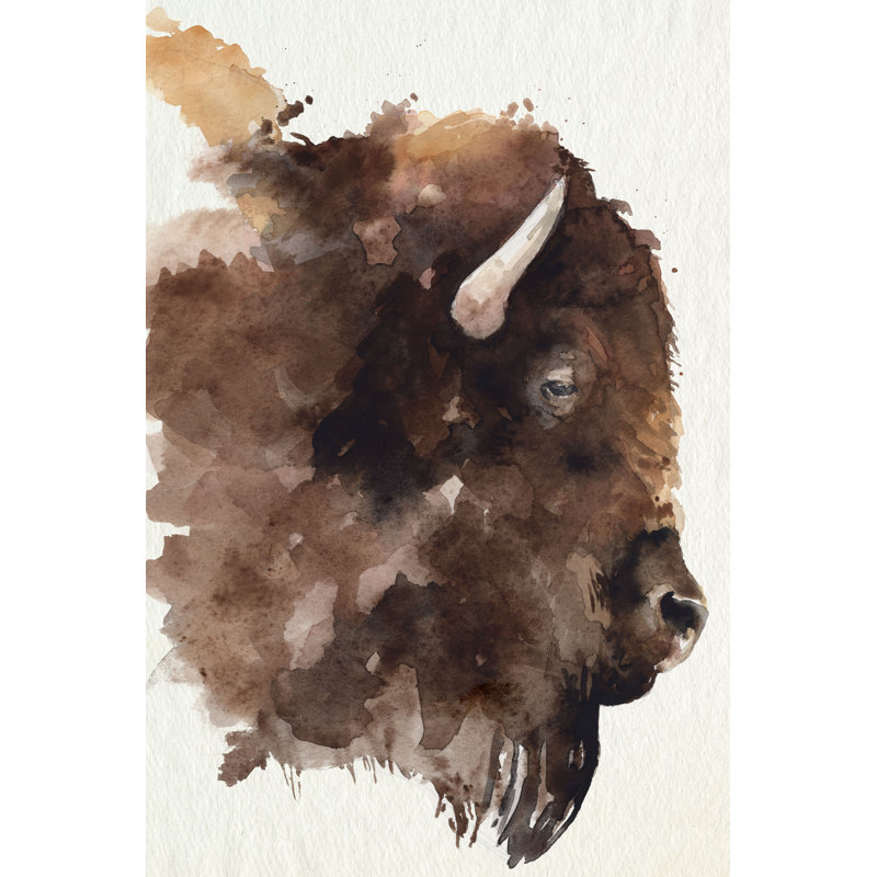 Watercolour Bison Profile I - Painting, 46cm H x 30cm W, Black Floater Framed