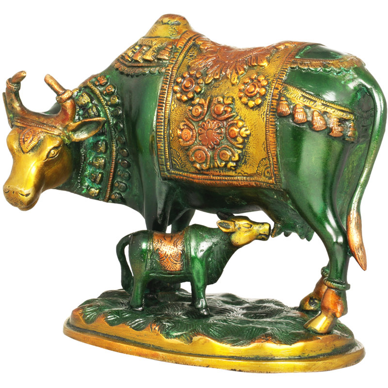 Figurine vache et veau, Vert/doré