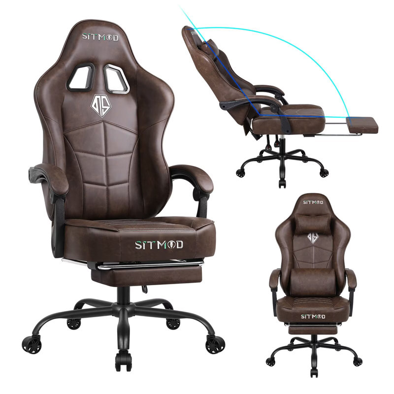 Gaming Chair with Footrest, Ergonomic Computer Chair with Lumbar Support, with 4D Foam Sports Seat Cushion, Breathable Leather Material, Height Adjustable Adult Office Chair