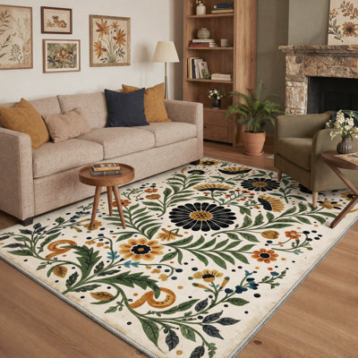 Clermont Verdant Boho Floral Sage Ochre Machine Washable Area Rug