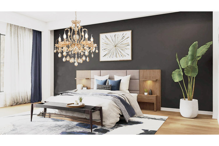 wide open bedroom with a black feature