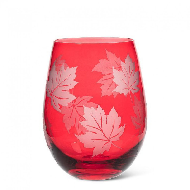 Etched Maple Leaf Stemless Wine Glass
