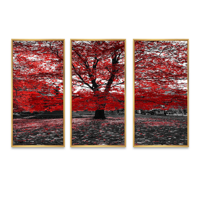«Red Tree In Central Park», ensemble de 3 toiles encadrées, H 20 po x l 36 po x P 1 po, Or