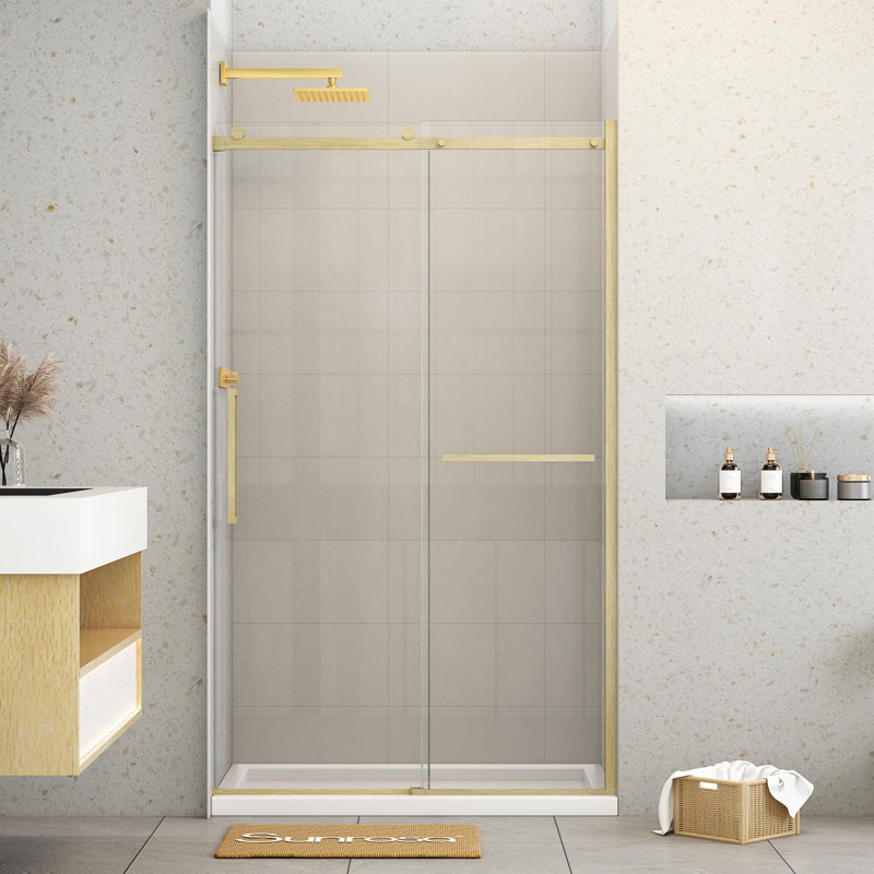 48" W X 76" H Single Sliding Frameless Shower Door With 5/16"(8Mm) Clear Tempered Glass, Brushed Gold