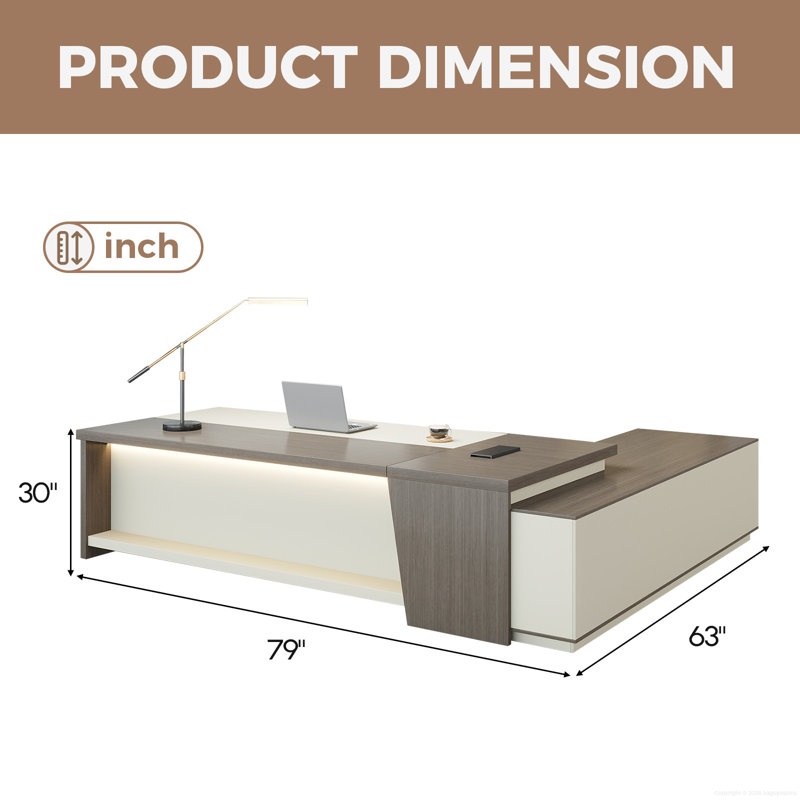Luxury Modern L-Shaped Ergonomic Executive Desk With Integrated Storage & Power Management, Smoked Oak/White