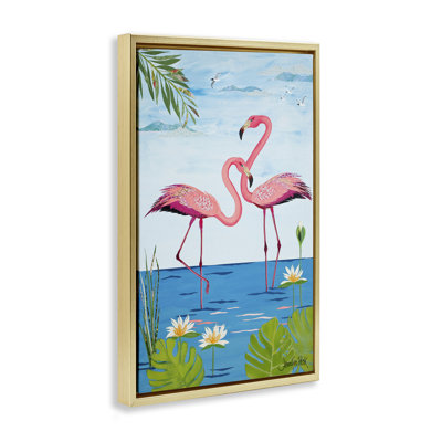 Pretty In Pink Flamingos Gold Framed Floater Canvas by Jennifer Peck