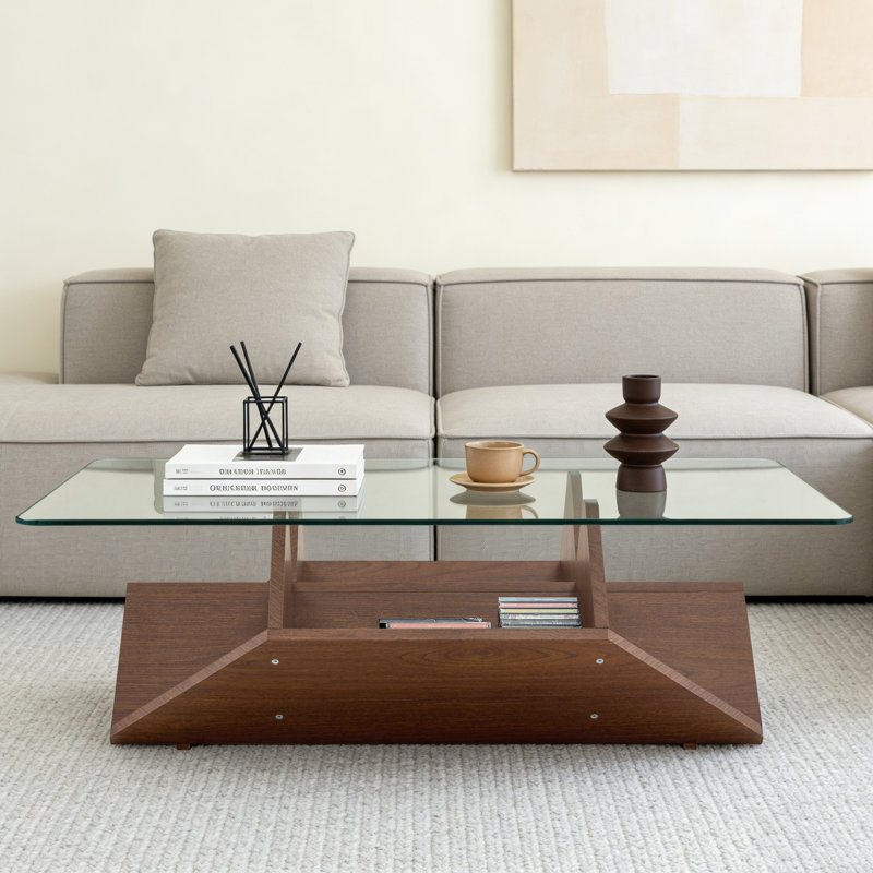 Tempered Glass & Mdf Coffee Table With Carved Knife Wood Grain, Multi-storage Open Compartments Coffee Table For Living Room Office Modern Home Decor