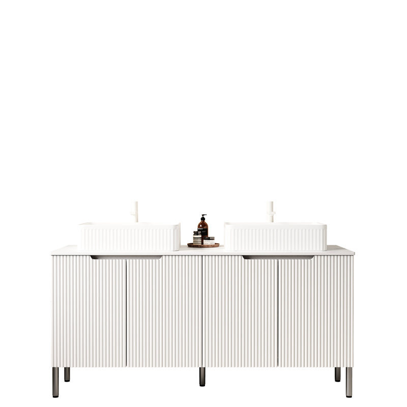 Meuble-lavabo 60 po, blanc, lavabos rayés en céramique, comptoir blanc, 4 portes, clapet à fermeture en douceur, style romantique français, grand espace de rangement, design moderne, armoire à panneaux de particules de haute qualité, portes