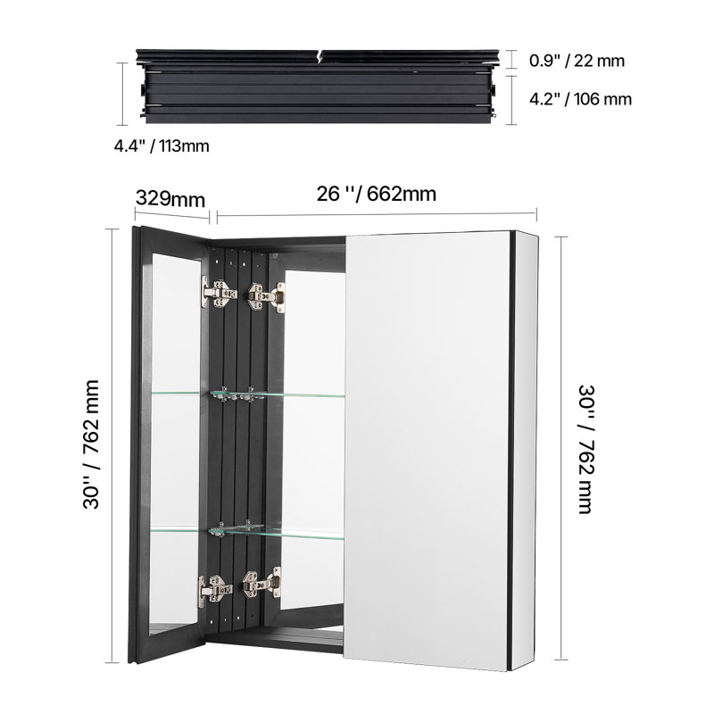 66mm W 76.2mm H Framed Medicine Cabinet Mirror 2 Adjustable
