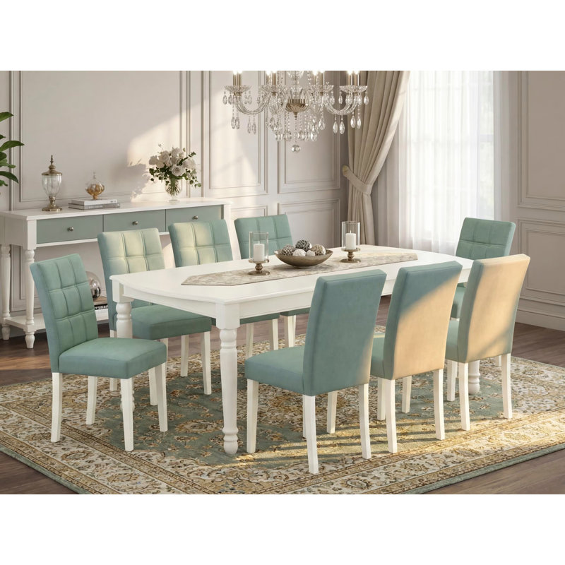 Ensemble de table à manger 9 pièces Mid Century Modern comprenant une table en bois et 8 chaises rembourrées en tissu de polyester vert saule, blanc lin