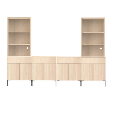 Meuble télé moderne avec cannelures avec tablettes pour téléviseurs de 75 po ou moins, grand meuble audio-vidéo avec meuble de rangement, console de télévision à 14 niveaux avec tiroirs en bois et portes pour le salon, la chambre à coucher