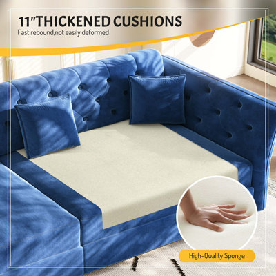 100" Oversize Pull Out Sofa Bed, Convertible Sleeper Sofa with Handmade Fabric Flower Tufted Design,Multi-Functional Velvet Loveseat Bed for Living Room,Bedroom,Blue