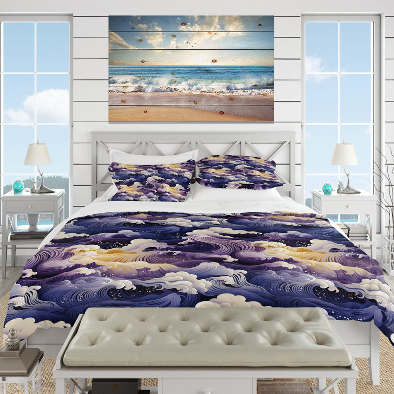 Ensemble de housse de couette violet Hokusai Waves, Housse de couette pour grand lit et 2 taies décor