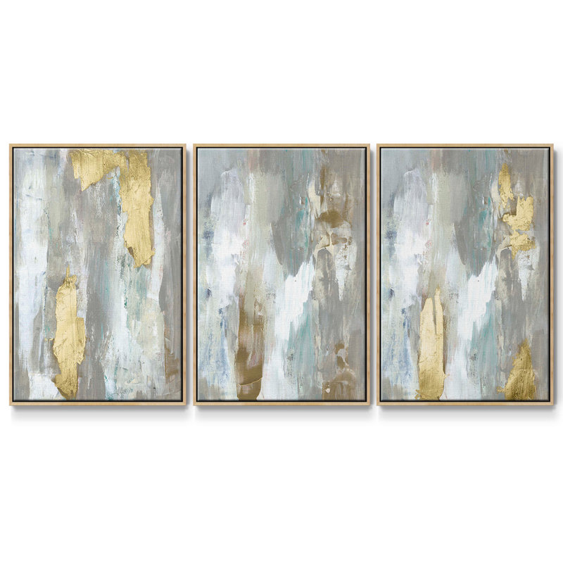 Ensemble de 3 pièces texturées neutres et dorées I encadrées sur toile, Bois naturel, H 36 po x l 72 po
