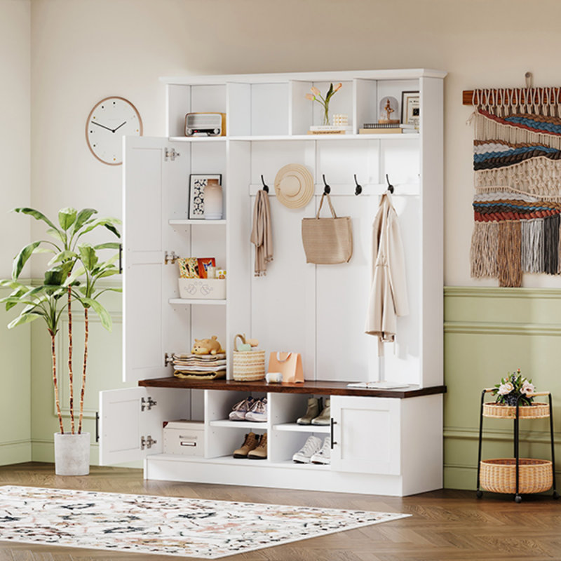 Portemanteau polyvalent 3-en-1 avec 6 crochets, banc de rangement en noyer de ferme, tablettes réglables et portemanteau moderne
