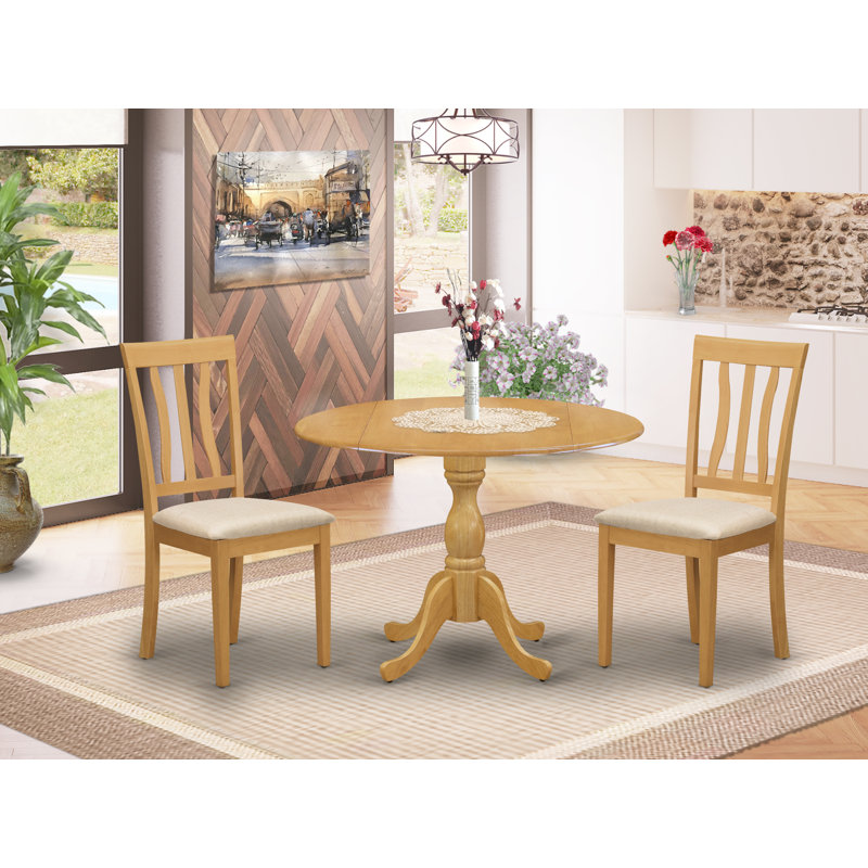 3 Piece Kitchen Table Set for Small Spaces Contains a Round Dining Room Table with Dropleaf and 2 Linen Fabric Upholstered Chairs, 42x42 Inch, Oak