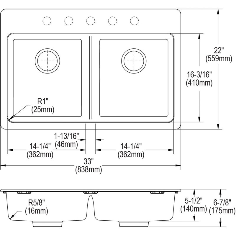 Évier de cuisine à double cuve à montage sur plan 33 po x 22 po x 5 1/2 po Quartz Classic, Moka