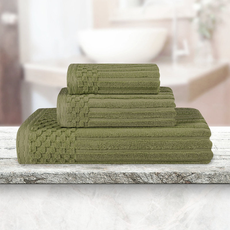 Kaelea Soho Cotton Ribbed Checkered Border Medium Weight 3 Piece Assorted Bathroom Towel Set, Sage Green, 3 Piece Towel set