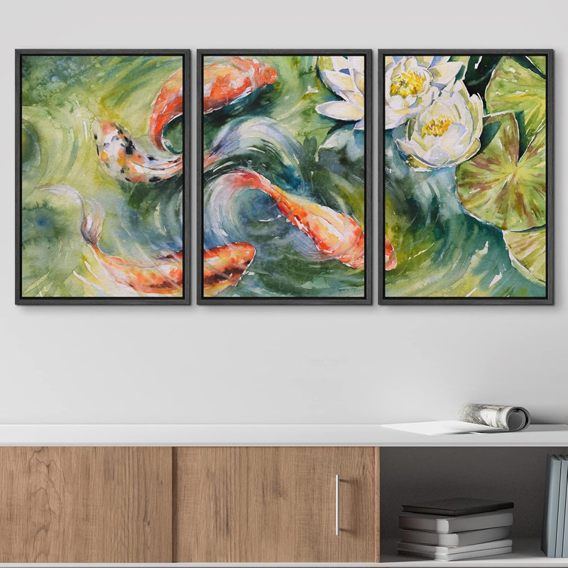 Aquarelle, koi japonais, poisson et nénuphar, animaux, faune, illustrations, réalisme, rustique, H 24 po x l 48 po