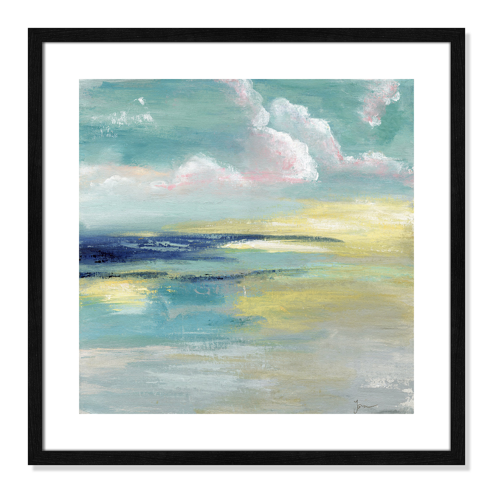 Bertie "Ocean View" Painting by Tava Studios, 24.75" H x 24.75" W x 0.75" D, Black Wood Framed Paper